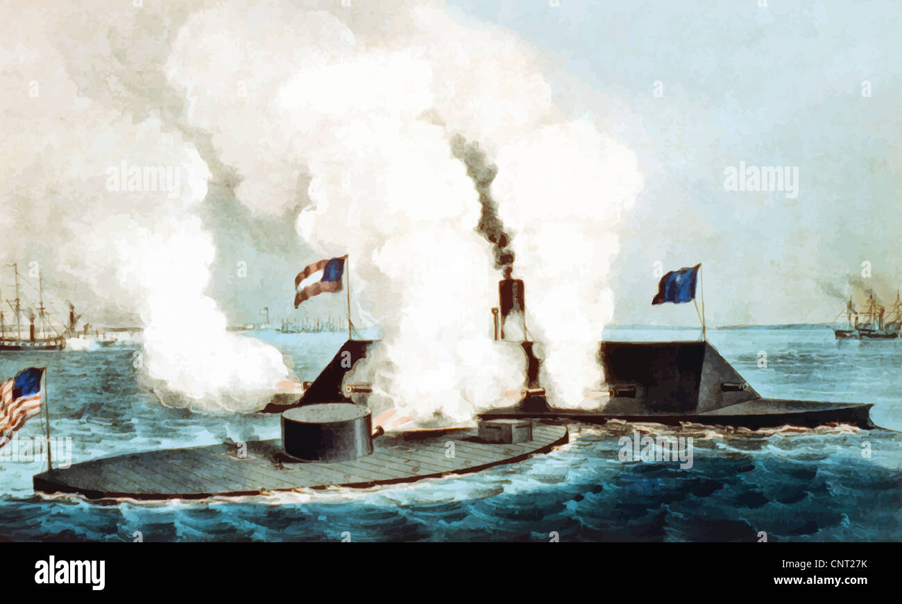 Digitally restored Civil War vector image showing the Naval Battle of the Monitor and The Merrimack. Stock Photo