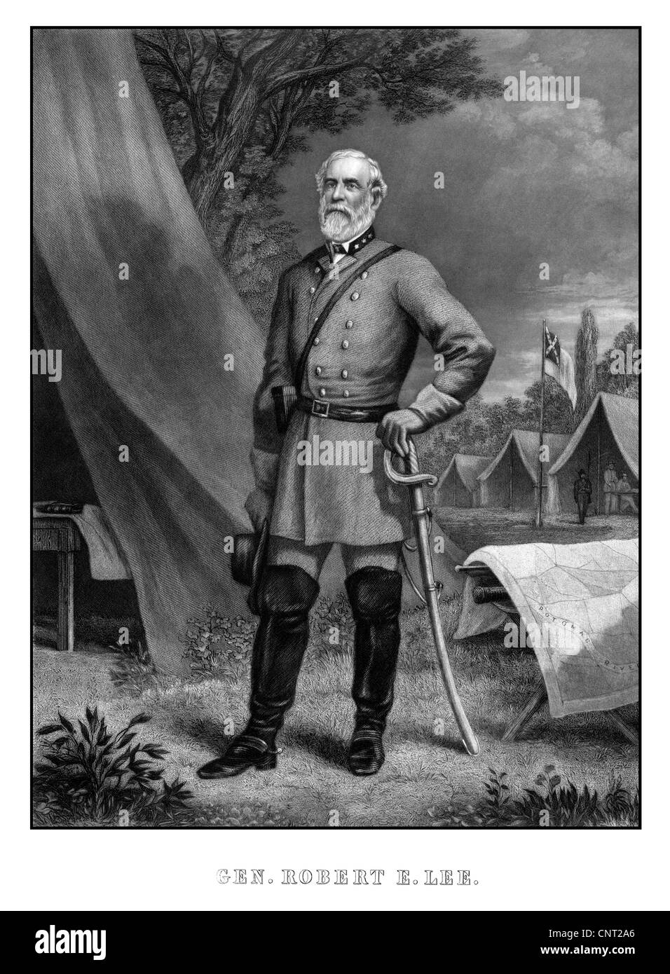 Digitally restored Civil War artwork featuring General Robert E. Lee standing in a Confederate Army camp. Stock Photo
