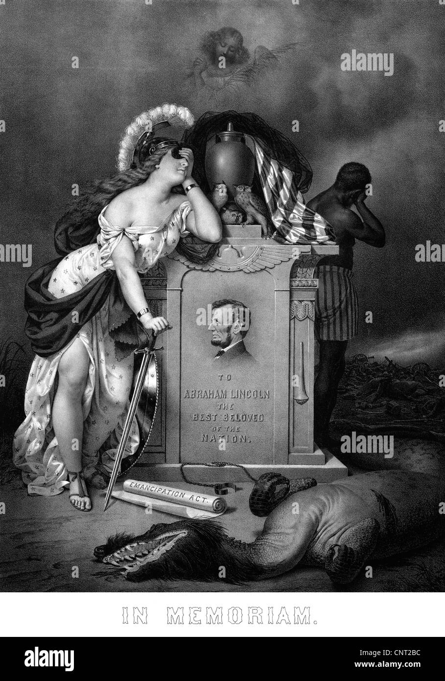 Digitally restored Civil War print showing Lady Liberty and a former slave mourning at the grave of President Abraham Lincoln. Stock Photo