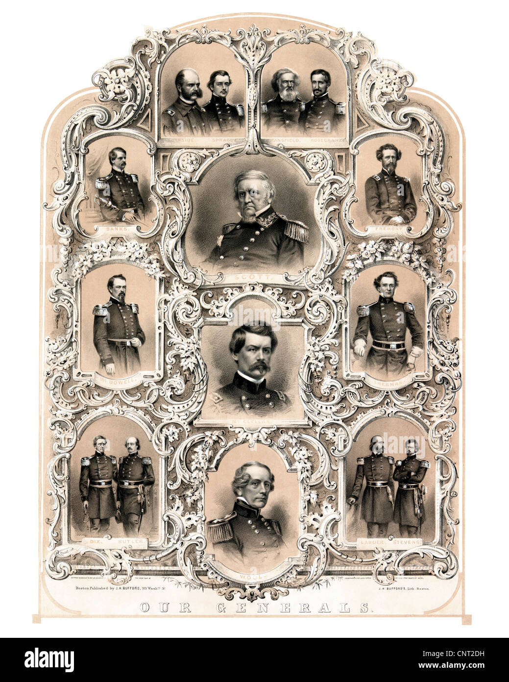 Digitally restored early Civil War print from 1862 featuring the primary Union Generals. Stock Photo