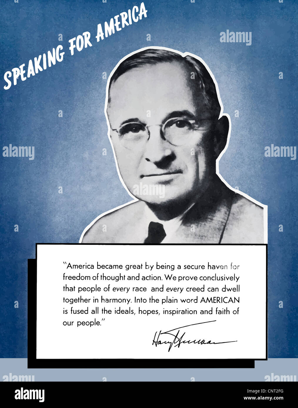 Digitally restored war propaganda poster. President Harry S. Truman Speaking For America. Stock Photo