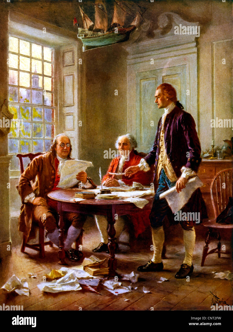 Vector painting of Benjamin Franklin, John Adams, and Thomas Jefferson writing the Declaration of Independence. Stock Photo