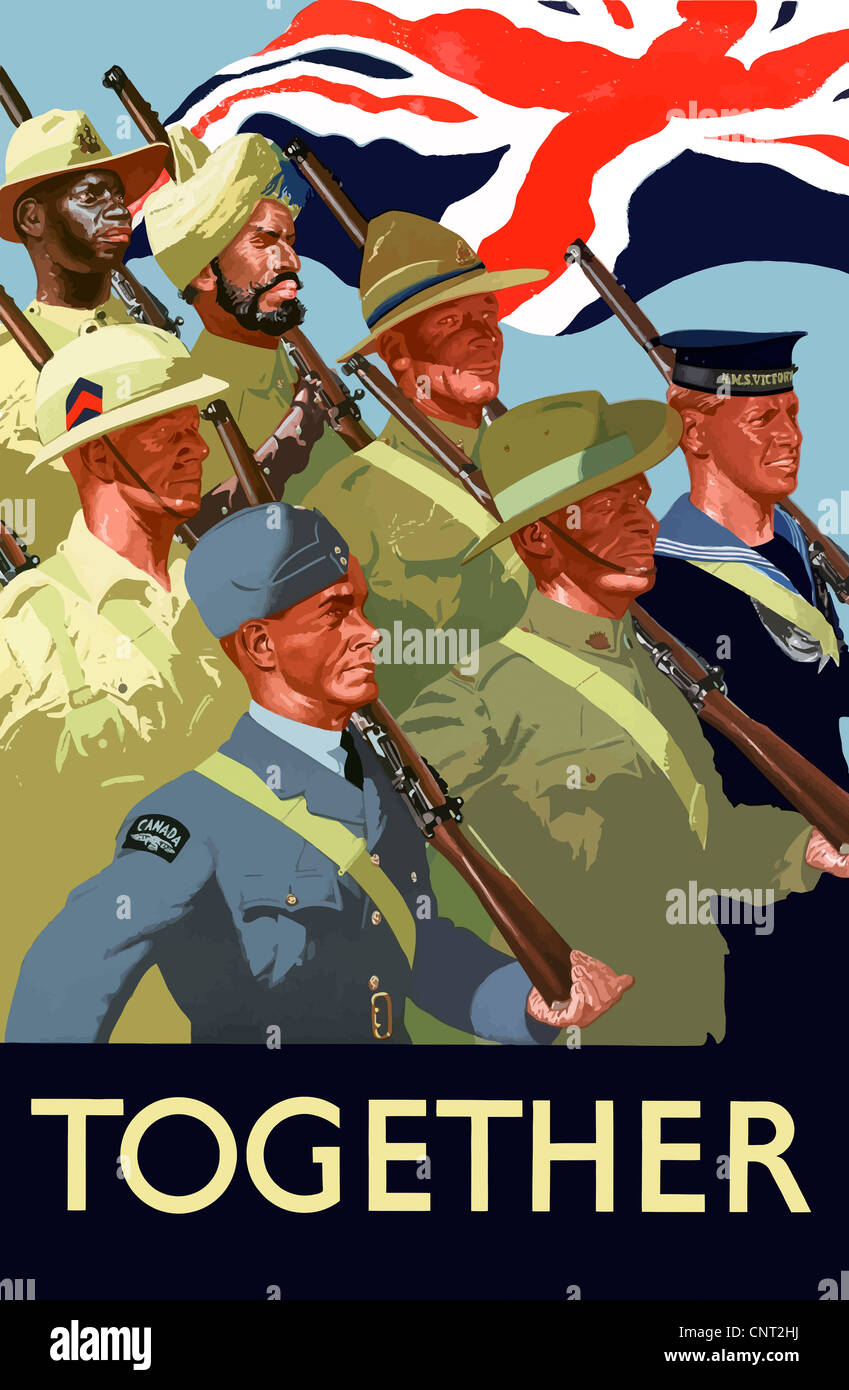 This vintage World War II poster features the troops of the British Empire marching under the Union Flag. Stock Photo