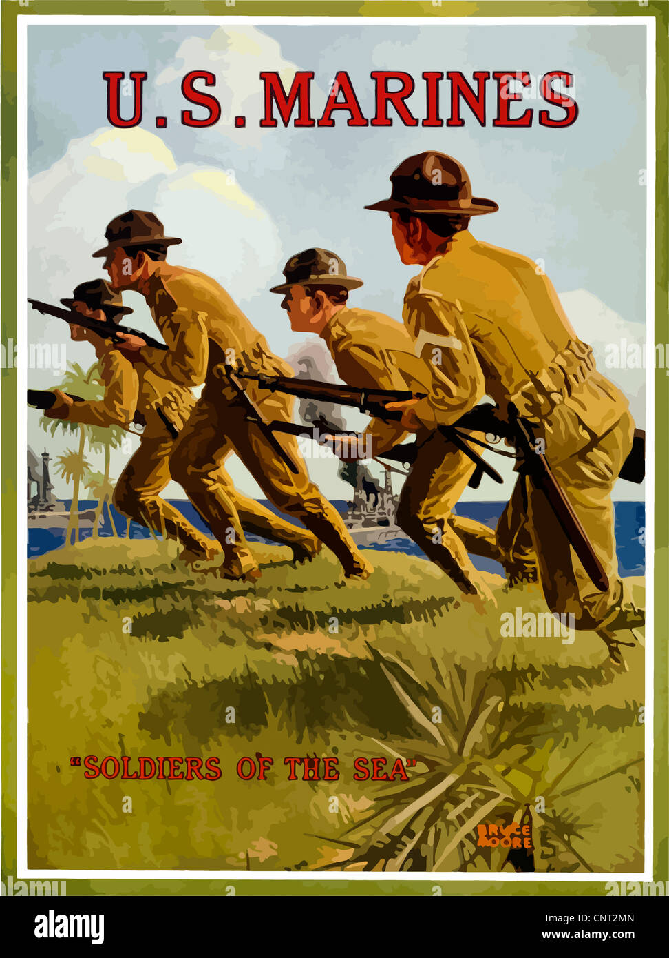 This vintage World War One poster features US Marines charging into battle with their rifles. Stock Photo