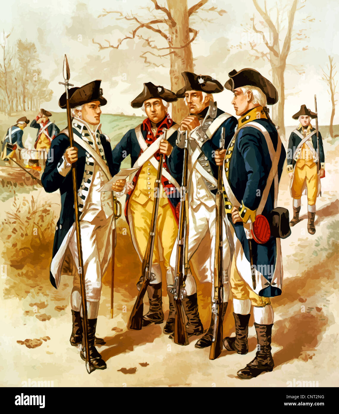 Digitally restored vector painting of soldiers of the Continental Army, also known as Minutemen, during the Revolutionary War. Stock Photo