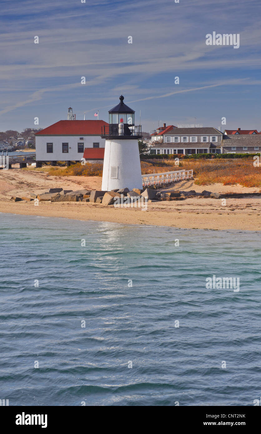 Brant Point Lighthouse at the entrance to Nantucket Harbor The 26 foot tall white wooden lighthouse is the lowest in New England Stock Photo