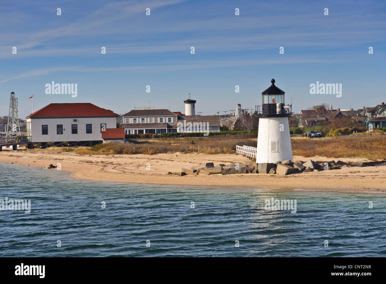 Brant Point Lighthouse at the entrance to Nantucket Harbor The 26 foot tall white wooden lighthouse is the lowest in New England Stock Photo