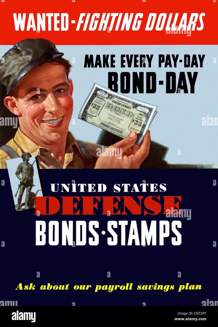 This vintage World War II poster features a smiling factory worker holding a defense bond. Stock Photo