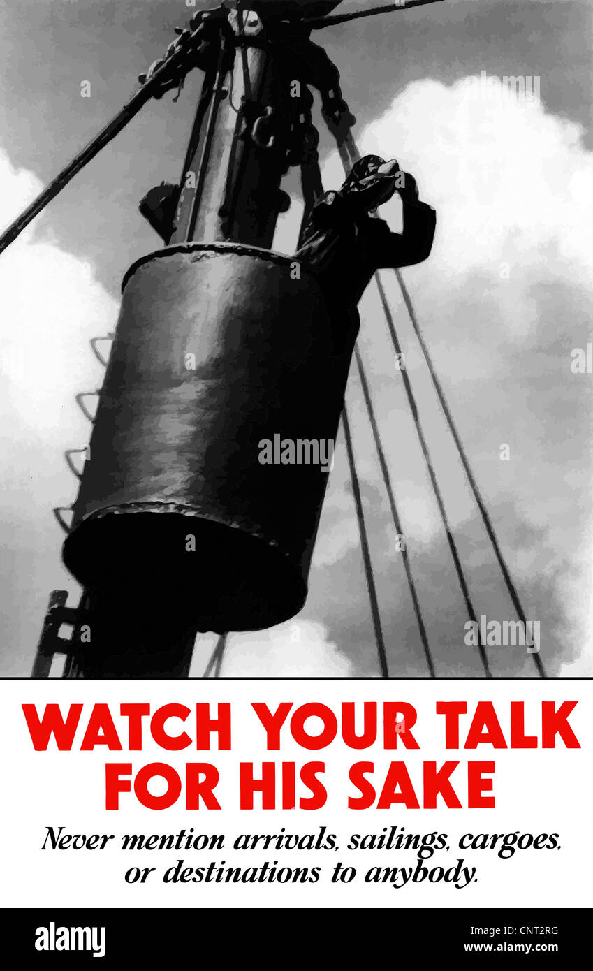 This vintage World War II poster features a sailor in the crows nest of a ship looking through binoculars. Stock Photo