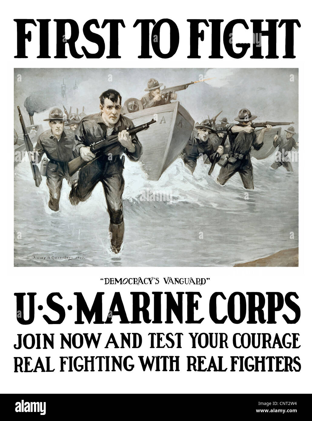 Vintage World War One poster of U.S. Marines storming a beach, rifles in hand. Stock Photo