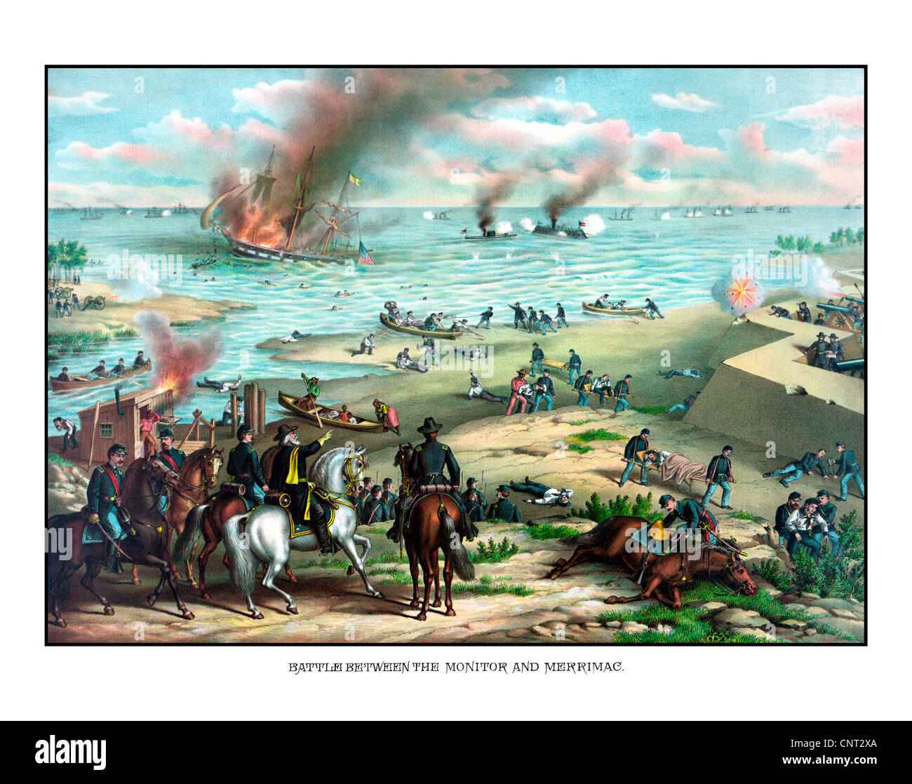 Civil War print showing the Naval Battle of the Monitor and The Merrimack, also known as the Battle of Hampton Roads. Stock Photo