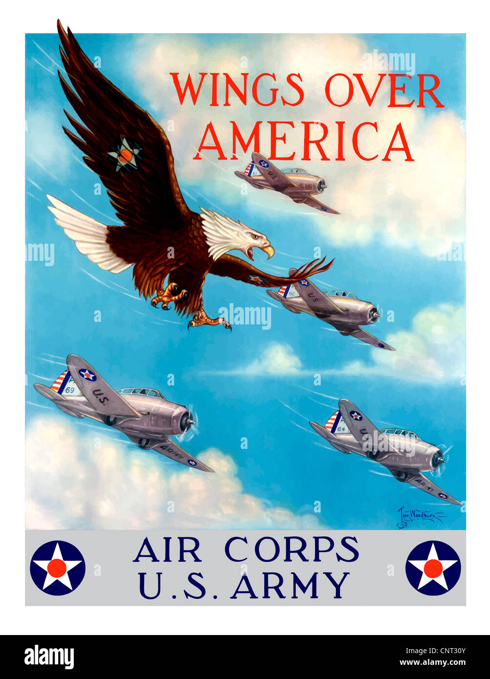 Vintage World War II poster of a bald eagle flying in the sky with fighter planes. Stock Photo