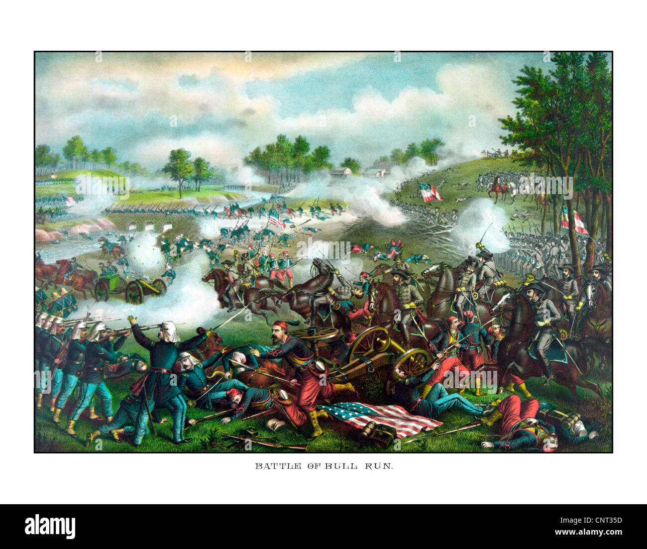 Vintage Civil War painting of Union and Confederate troops fighting at The Battle of Bull Run. Stock Photo