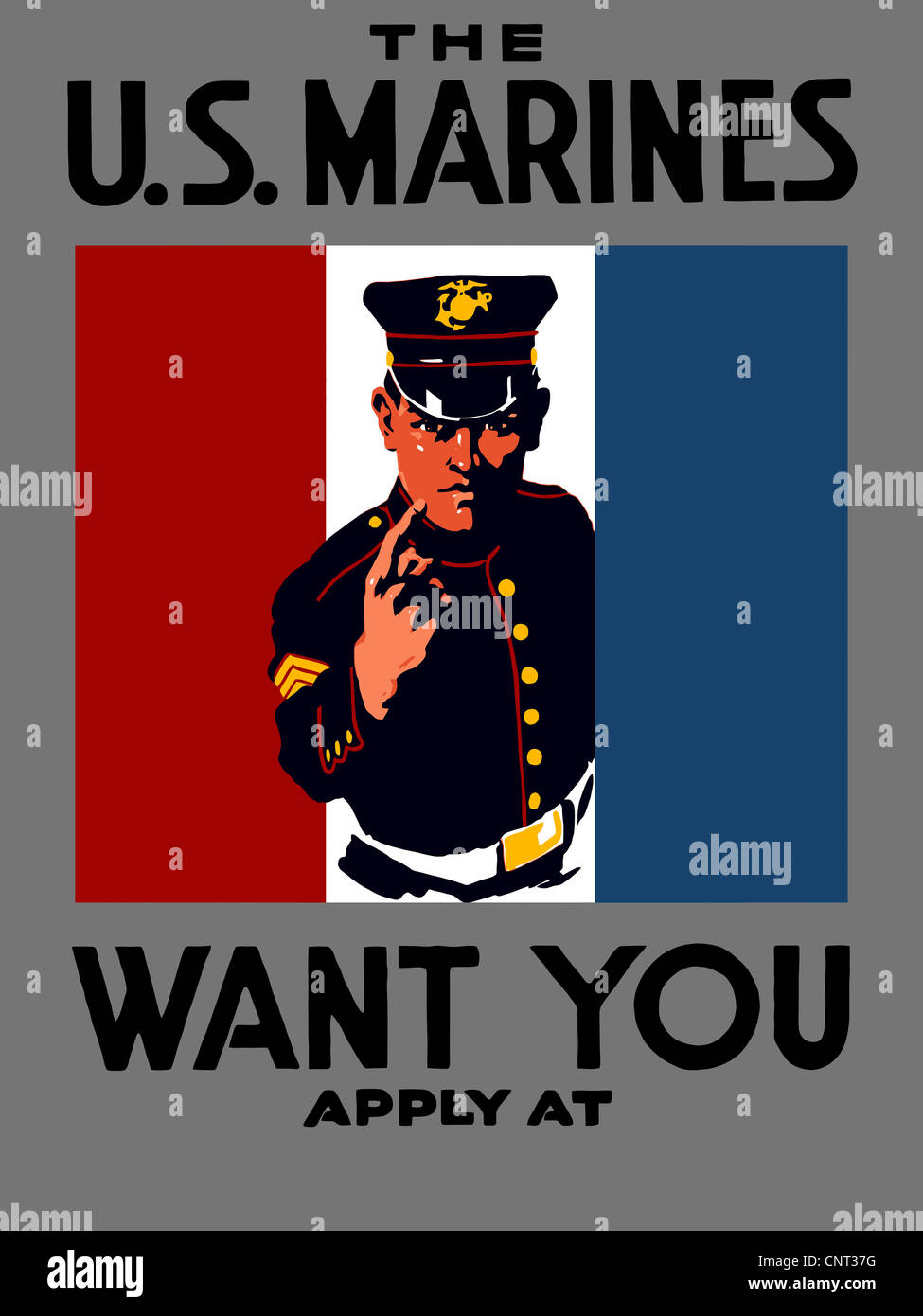 Vintage World War One poster of a Marine wearing his dress blues, pointing forward. It declares - The U.S. Marines Want You. Stock Photo