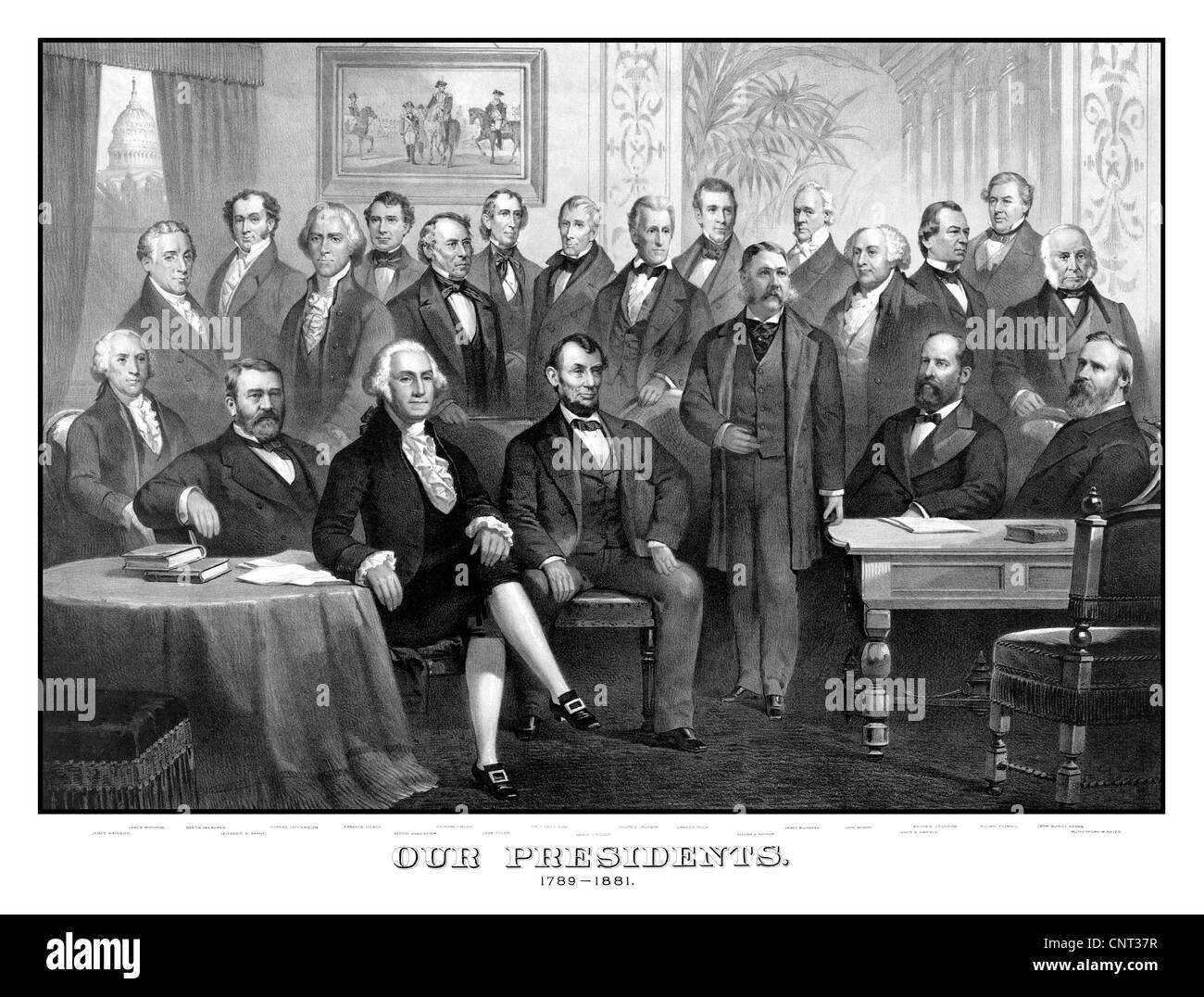 Vintage American history print of the first twenty-one Presidents of The United States seated together in The White House. Stock Photo