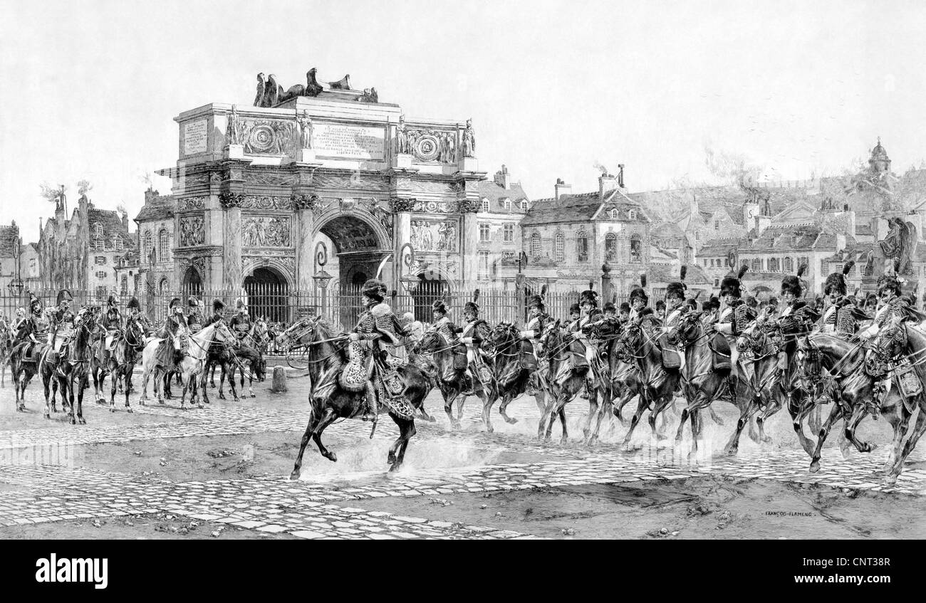 Vintage military print of Napoleon I reviewing his troops near the Arc de Triomphe du Carrousel in Paris, France. Stock Photo