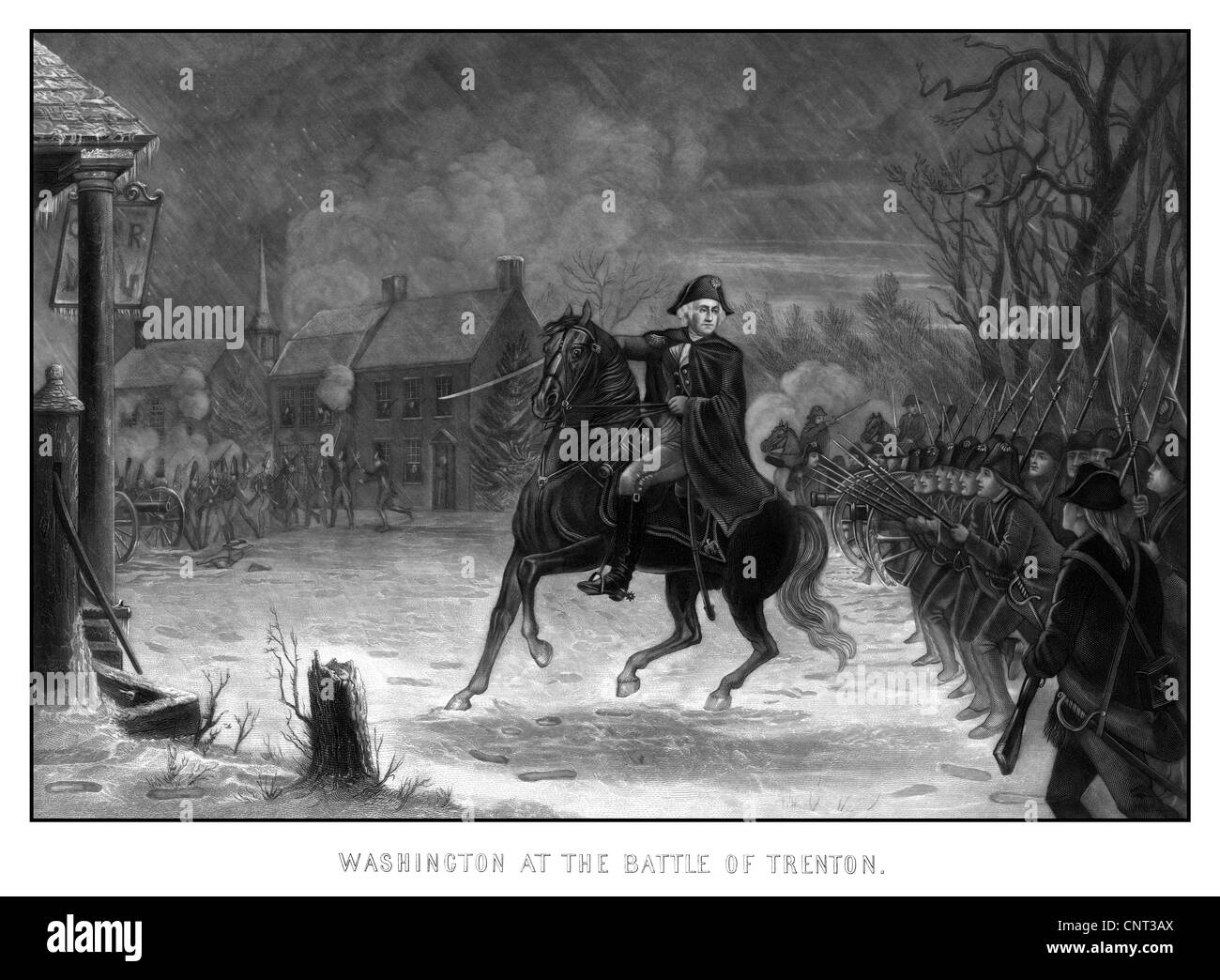 Vintage American History print of General George Washington on his horse leading armed troops at The Battle of Trenton. Stock Photo