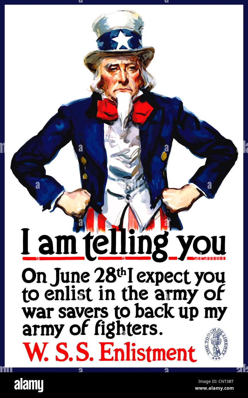 Vintage World War I poster of Uncle Sam standing with his hands on his hips. Stock Photo