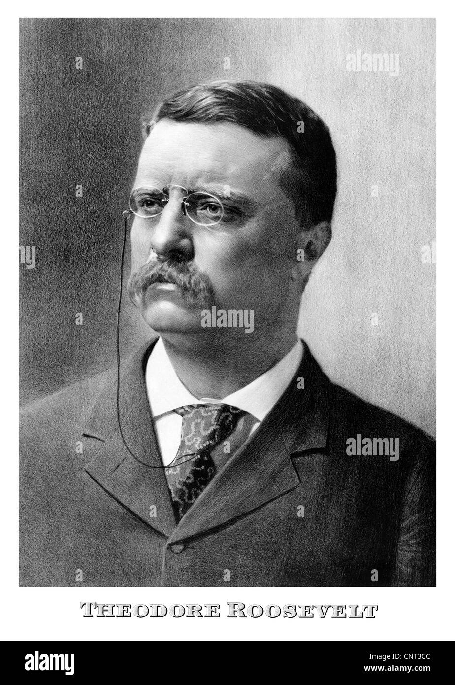 Vintage American history print of a younger President Theodore Roosevelt facing right. Stock Photo