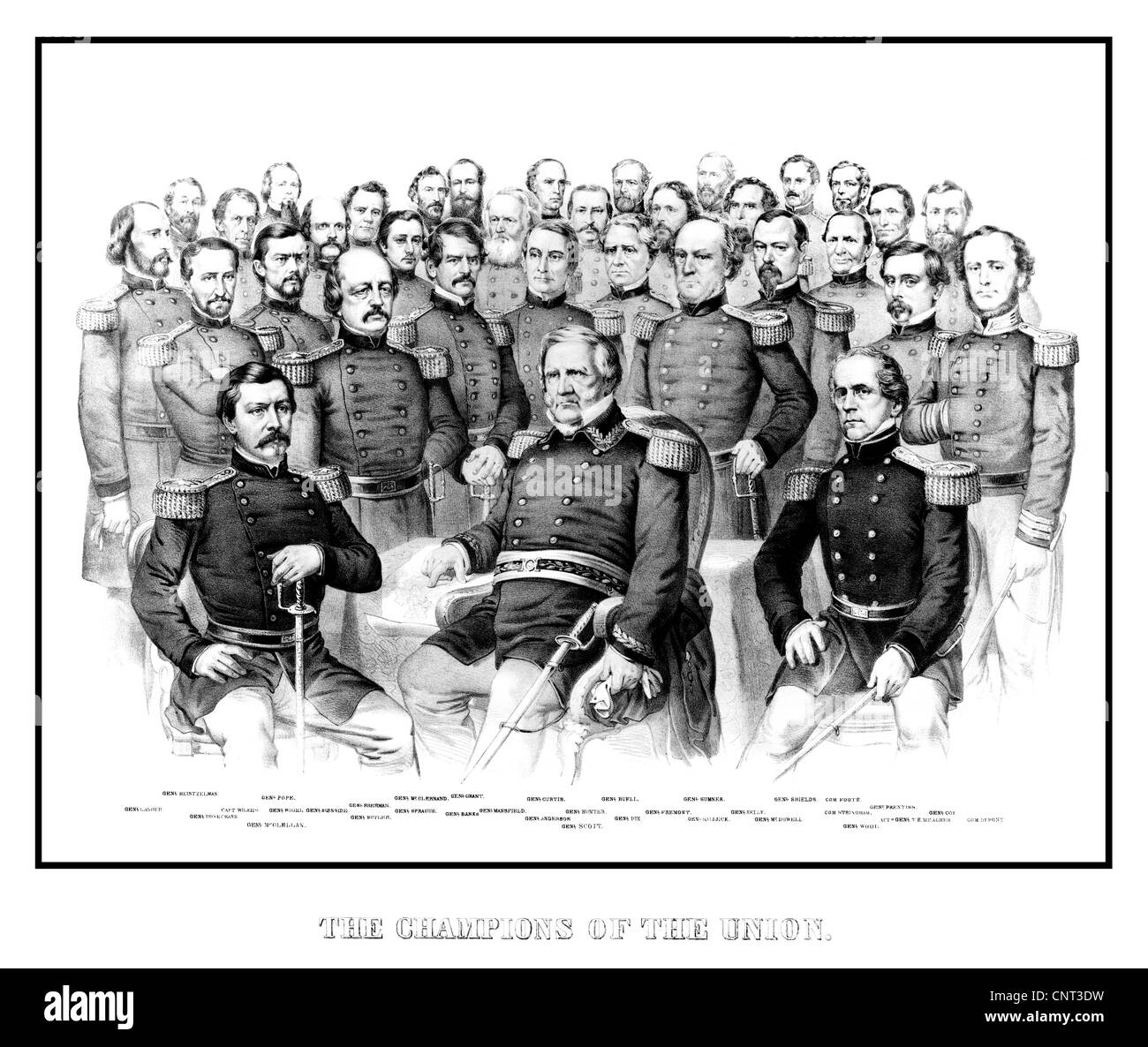 Vintage American Civil War print featuring a group portrait of early war Union Generals. Stock Photo
