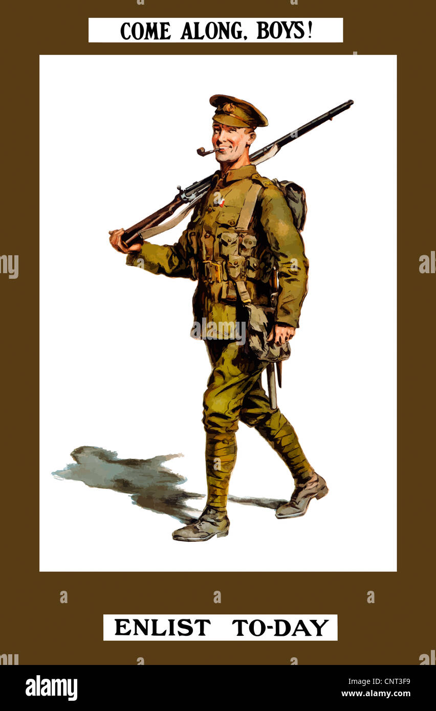 Vintage World War I poster of a smiling British soldier marching along with his rifle. Stock Photo