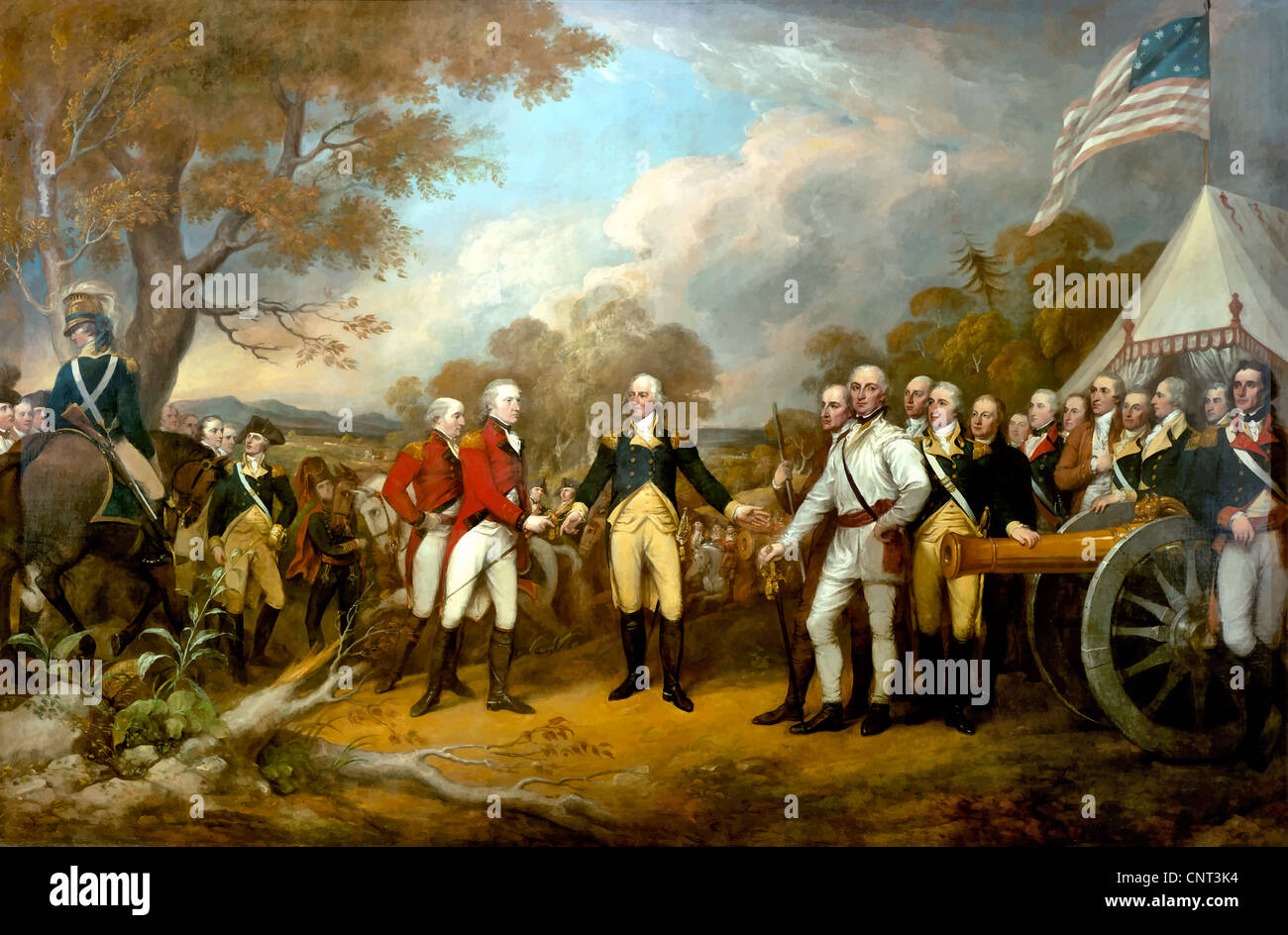 Revolutionary War Painting showing the surrender of British General John Burgoyne at Saratoga, on October 17, 1777. Stock Photo