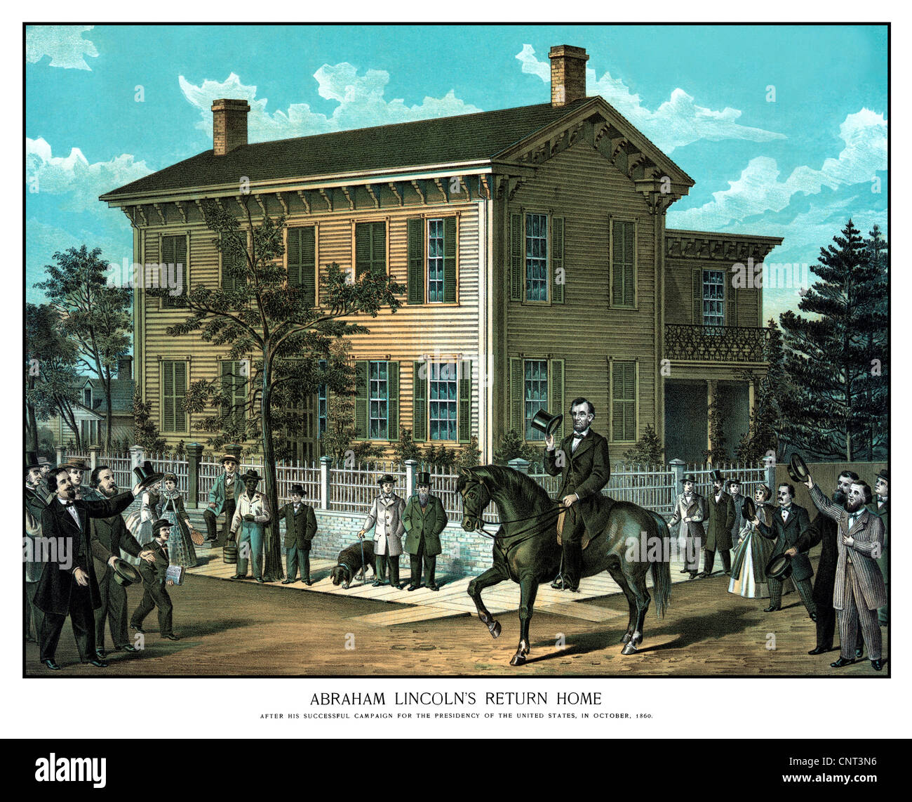 Vintage Civil War print of Abraham Lincoln riding on horseback as a crowd cheers. Stock Photo
