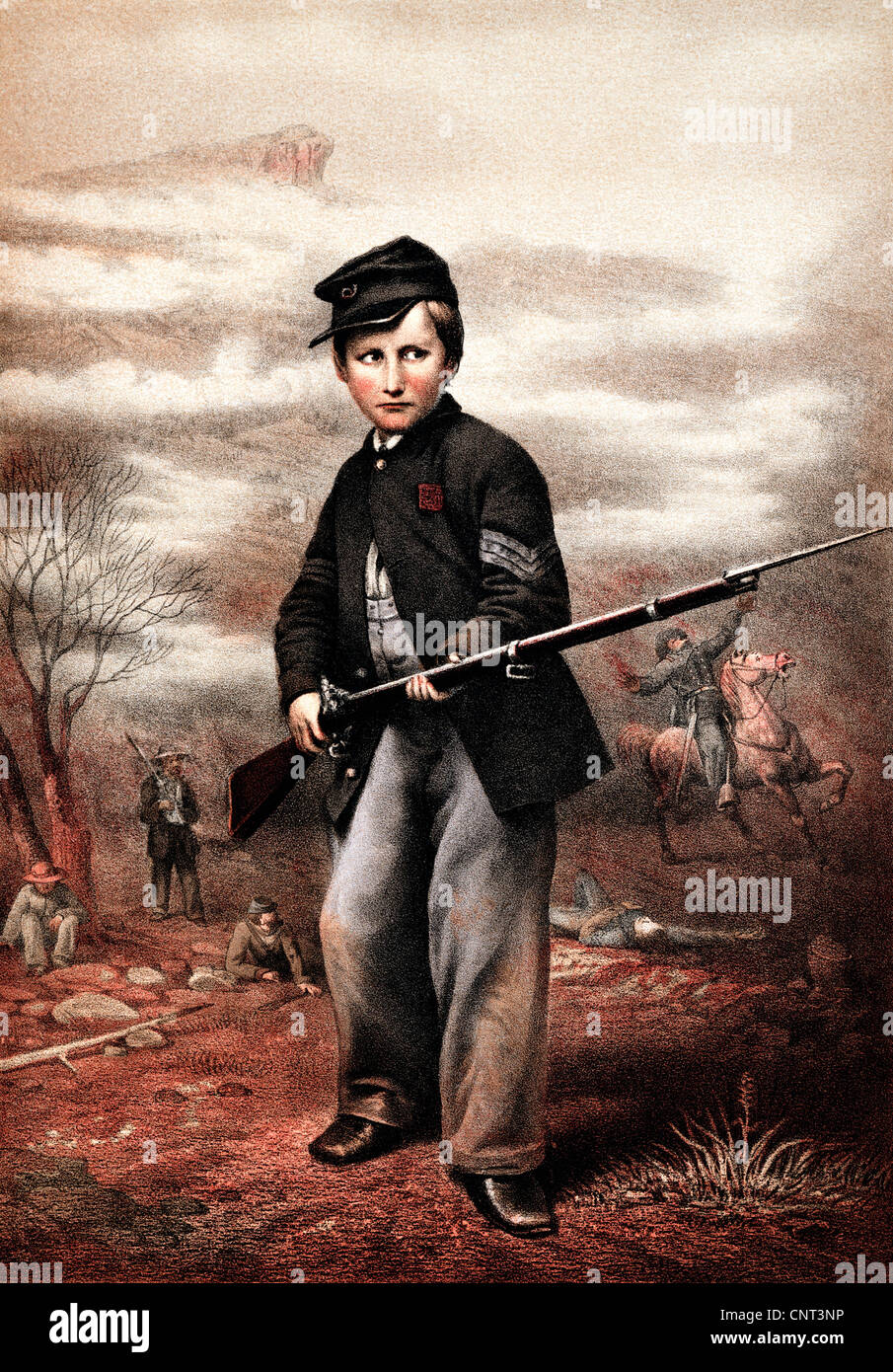 Vintage Civil War print of a Union Drummer Boy, John Clem, holding a rifle on the battlefield. Stock Photo