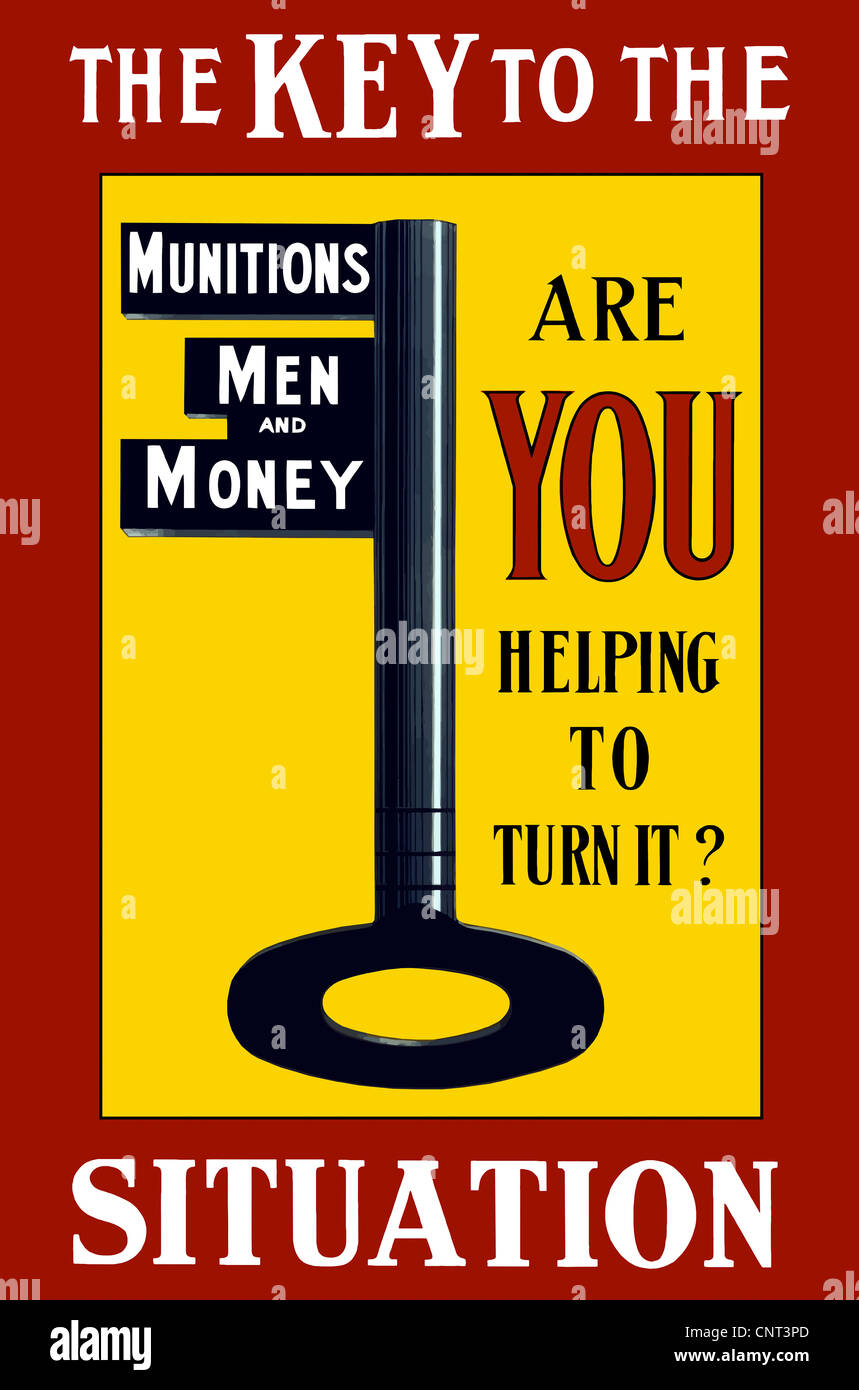 Vintage World War I poster of a large key labeled Munitions, Men, and Money. Stock Photo