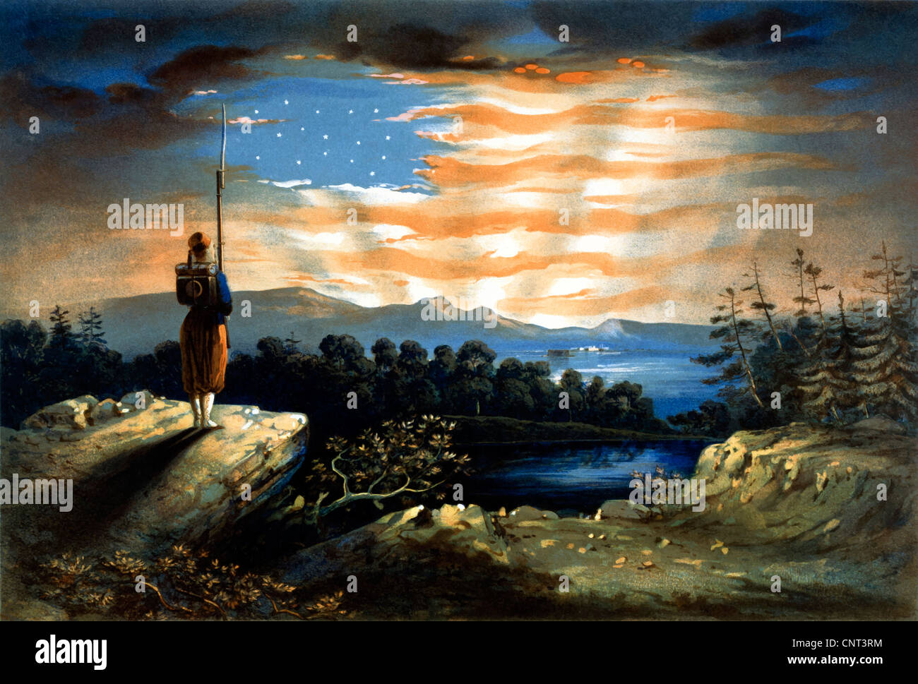 Vintage Civil War painting of a lone Zouave sentry watching from a cliff. Stock Photo