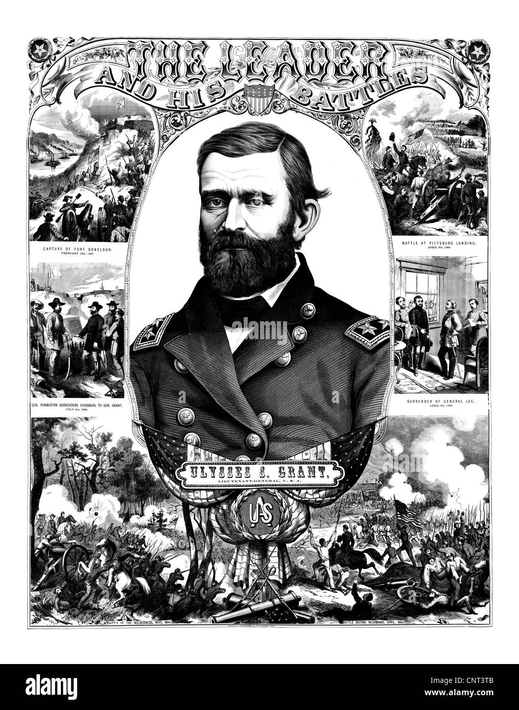 Vintage Civil War poster of General Ulysses S. Grant wearing his military uniform. Stock Photo