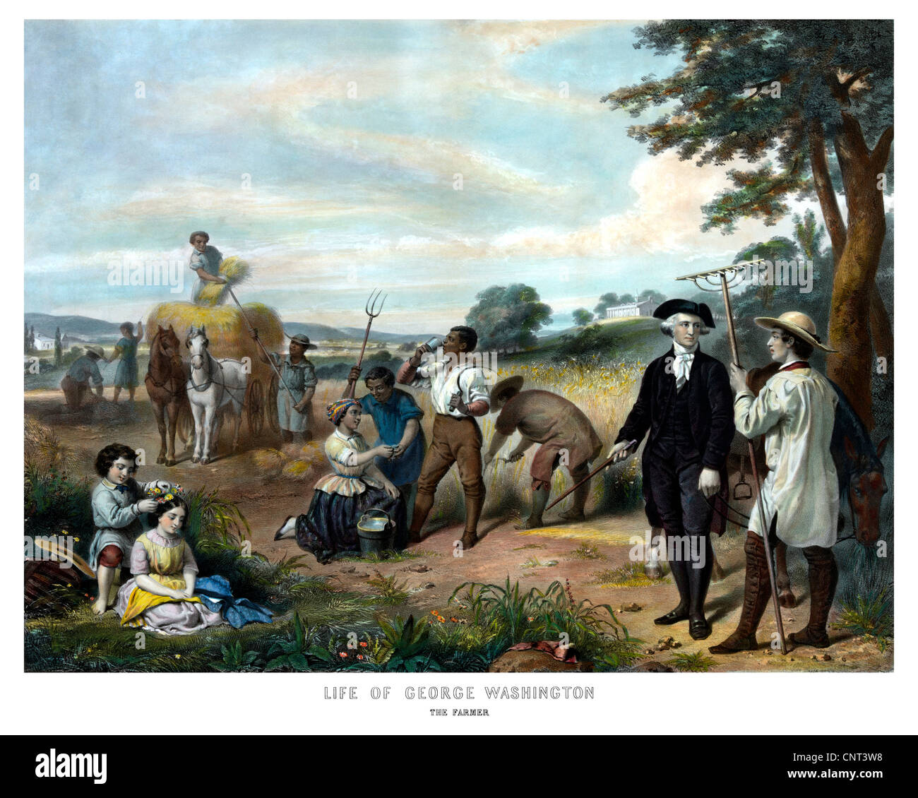 Vintage American history print of George Washington on his farm as slaves work the land behind him. Stock Photo