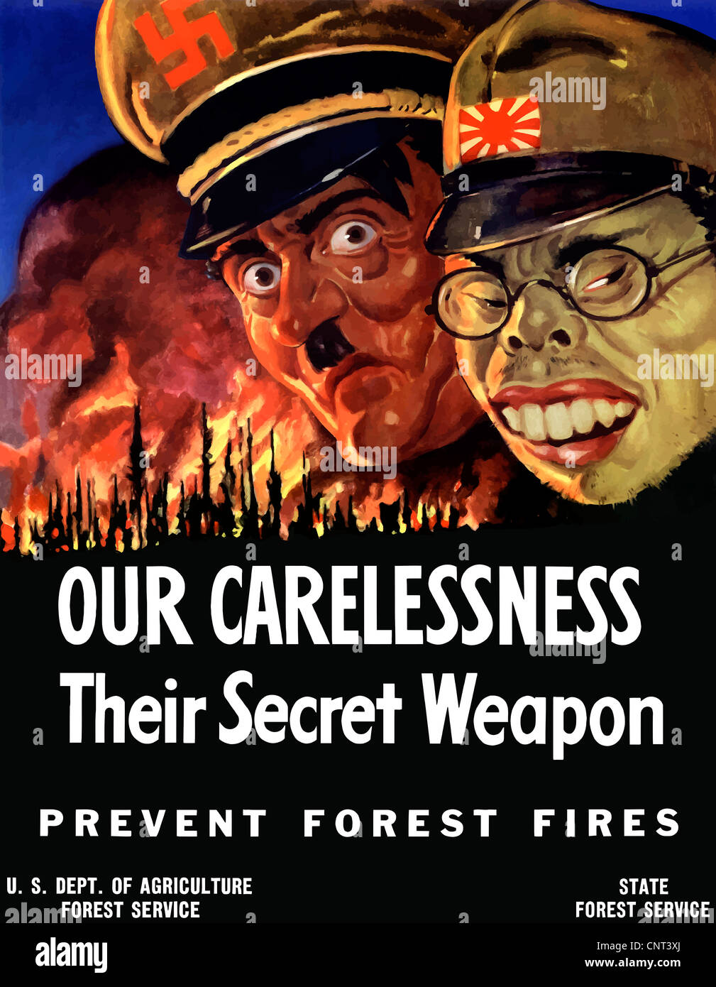 Vintage World War II poster showing caricatures of Adolf Hitler and Hideki Tojo looking over a blazing forest fire. Stock Photo