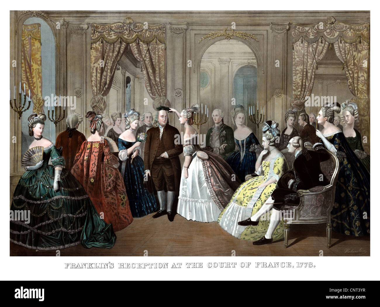 Vintage American History print of Benjamin Franklin's reception by the French court. Stock Photo