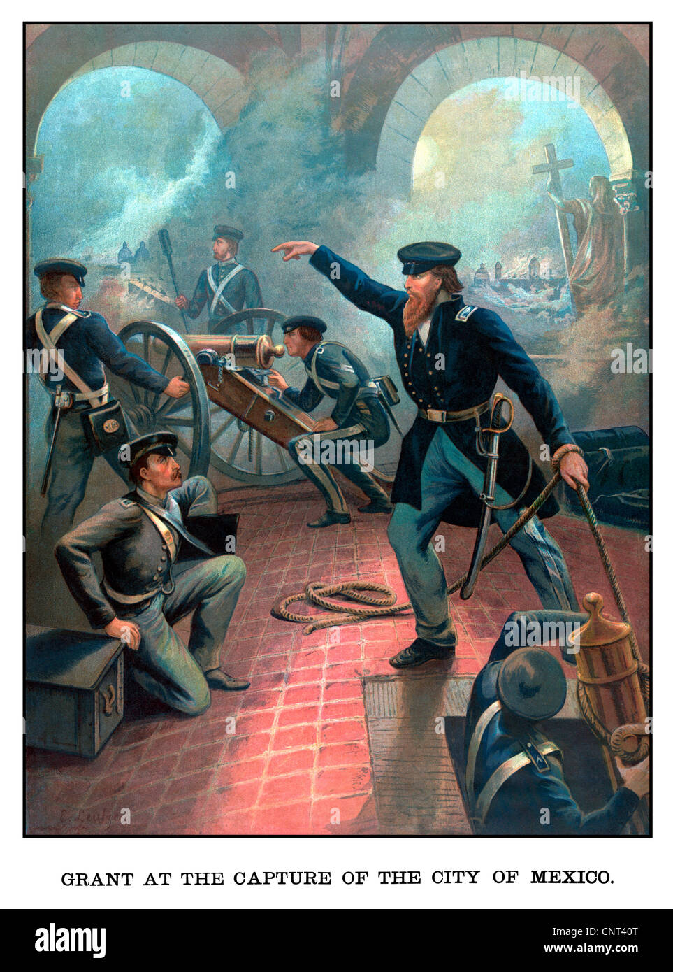 Vintage American History poster of Ulysses S. Grant commanding troops during the Mexican American War. Stock Photo