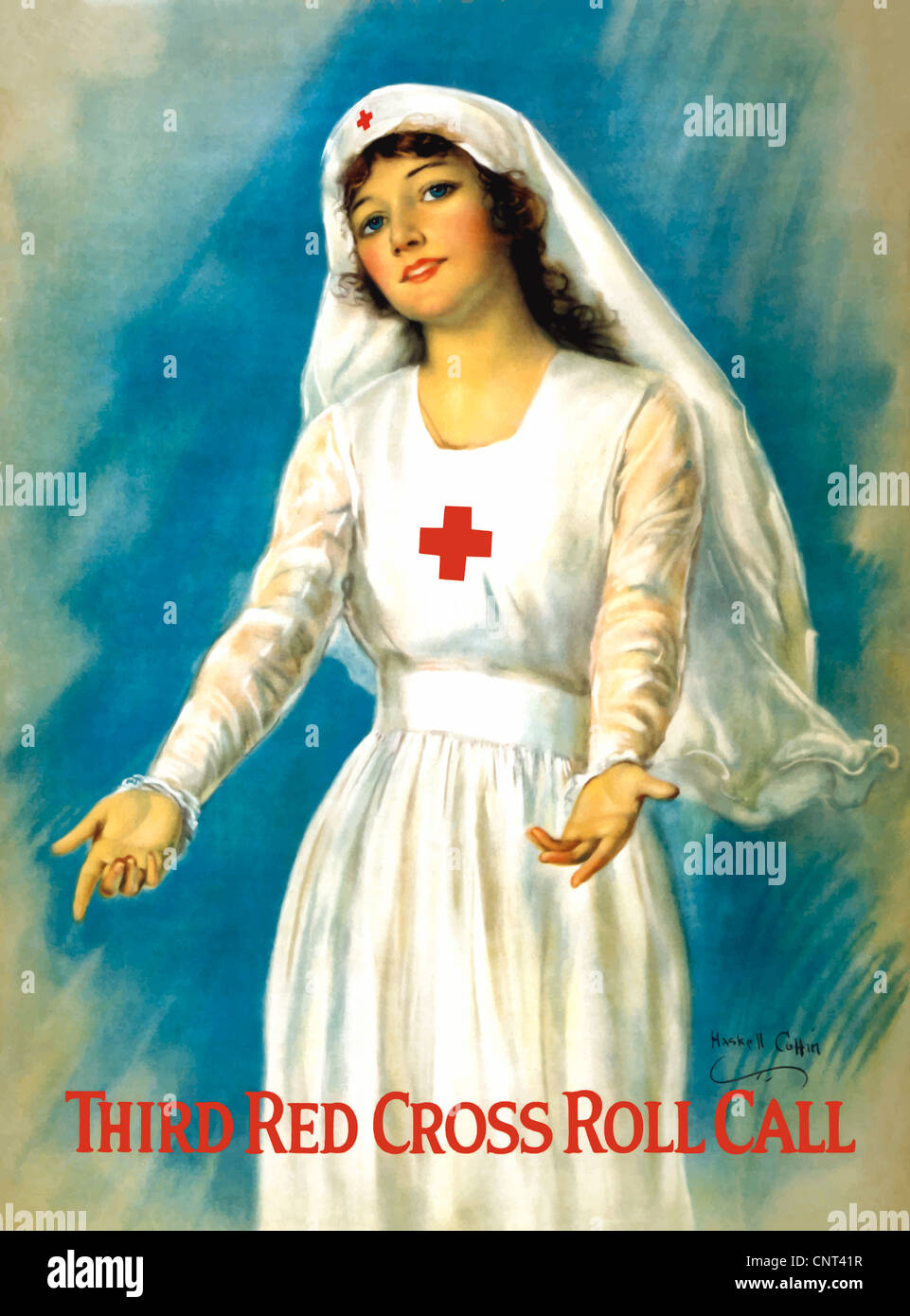 Vintage World War One poster of a Red Cross nurse holding open her arms. It reads, Third Red Cross Roll Call. Stock Photo