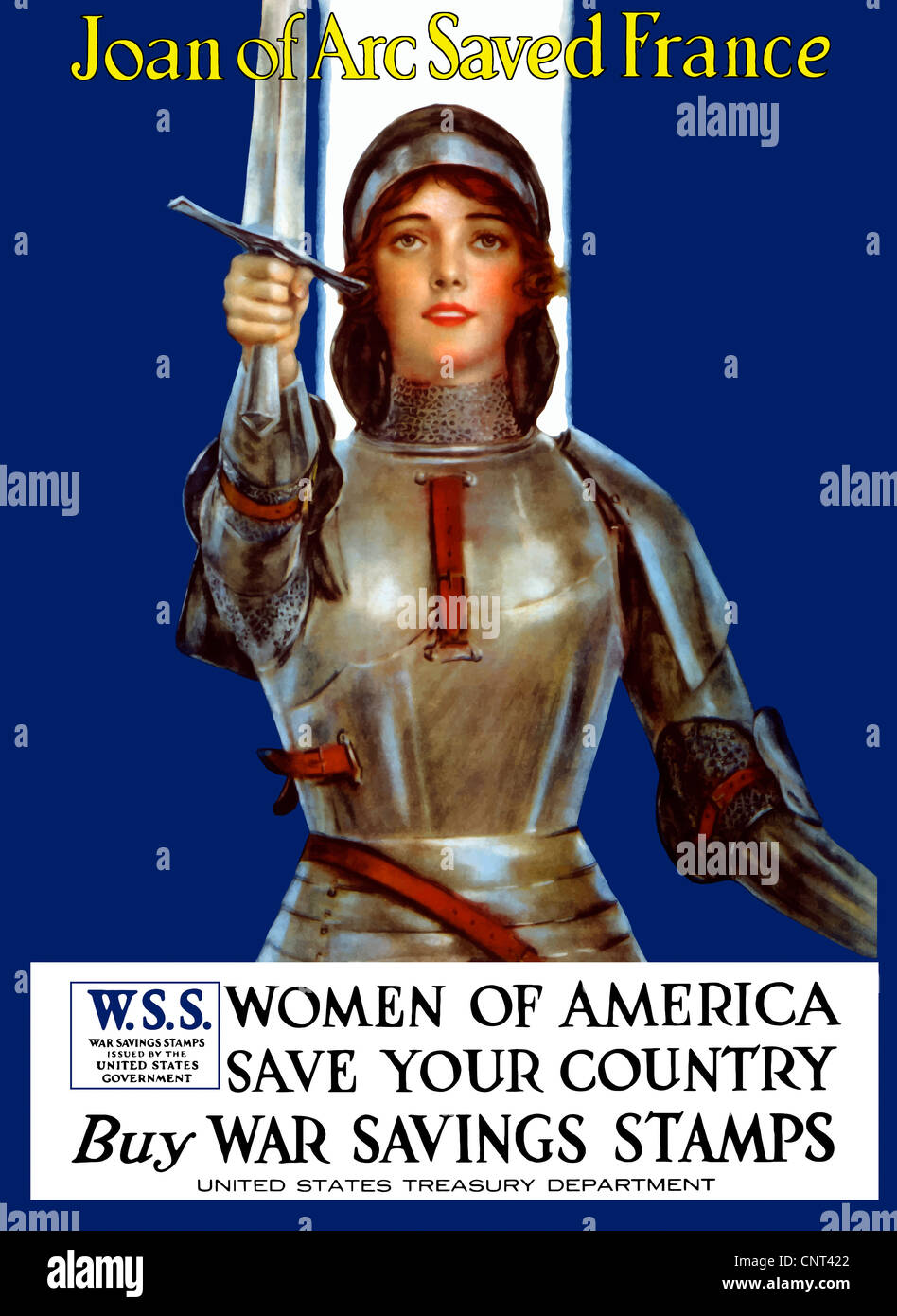 Vintage World War One poster of Joan of Arc wearing armor, raising a sword. Stock Photo