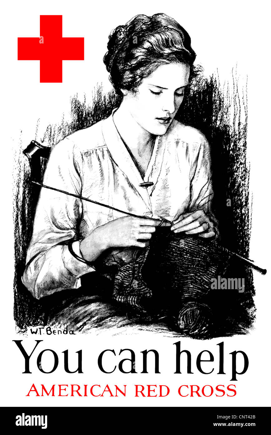 Vintage World War One poster of a young woman knitting and a large red cross. It reads, You can help, American Red Cross. Stock Photo
