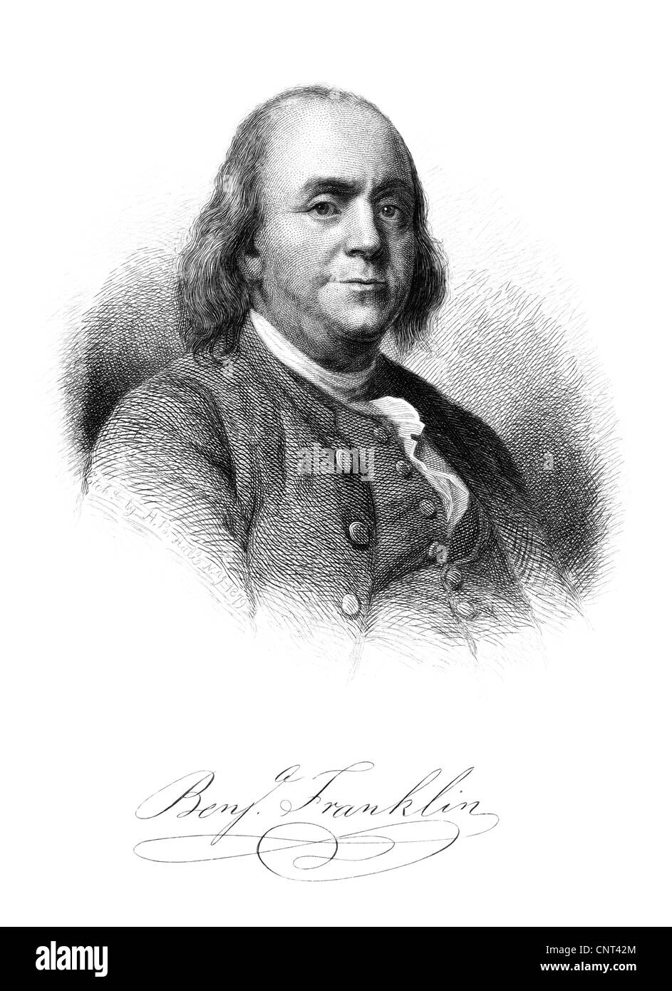 Vintage American History print of Benjamin Franklin and his signature. Stock Photo