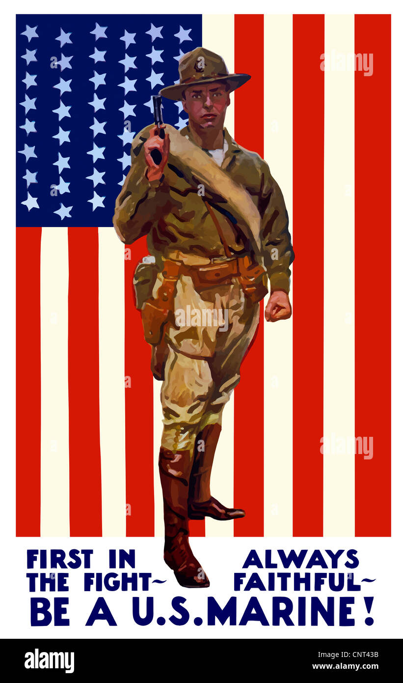 Vintage World War One poster of a US Marine holding his sidearm, the American flag is the background. Stock Photo