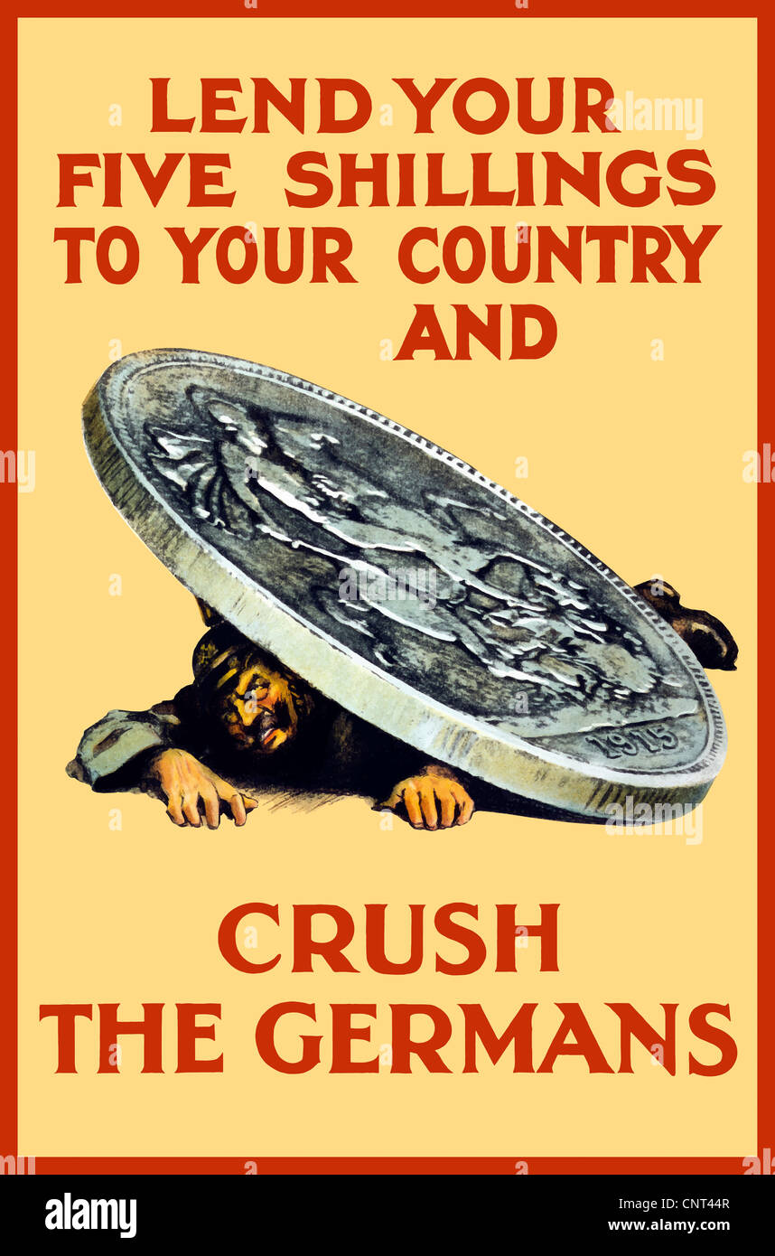 Vintage World War One poster of a giant coin crushing a German soldier. Stock Photo