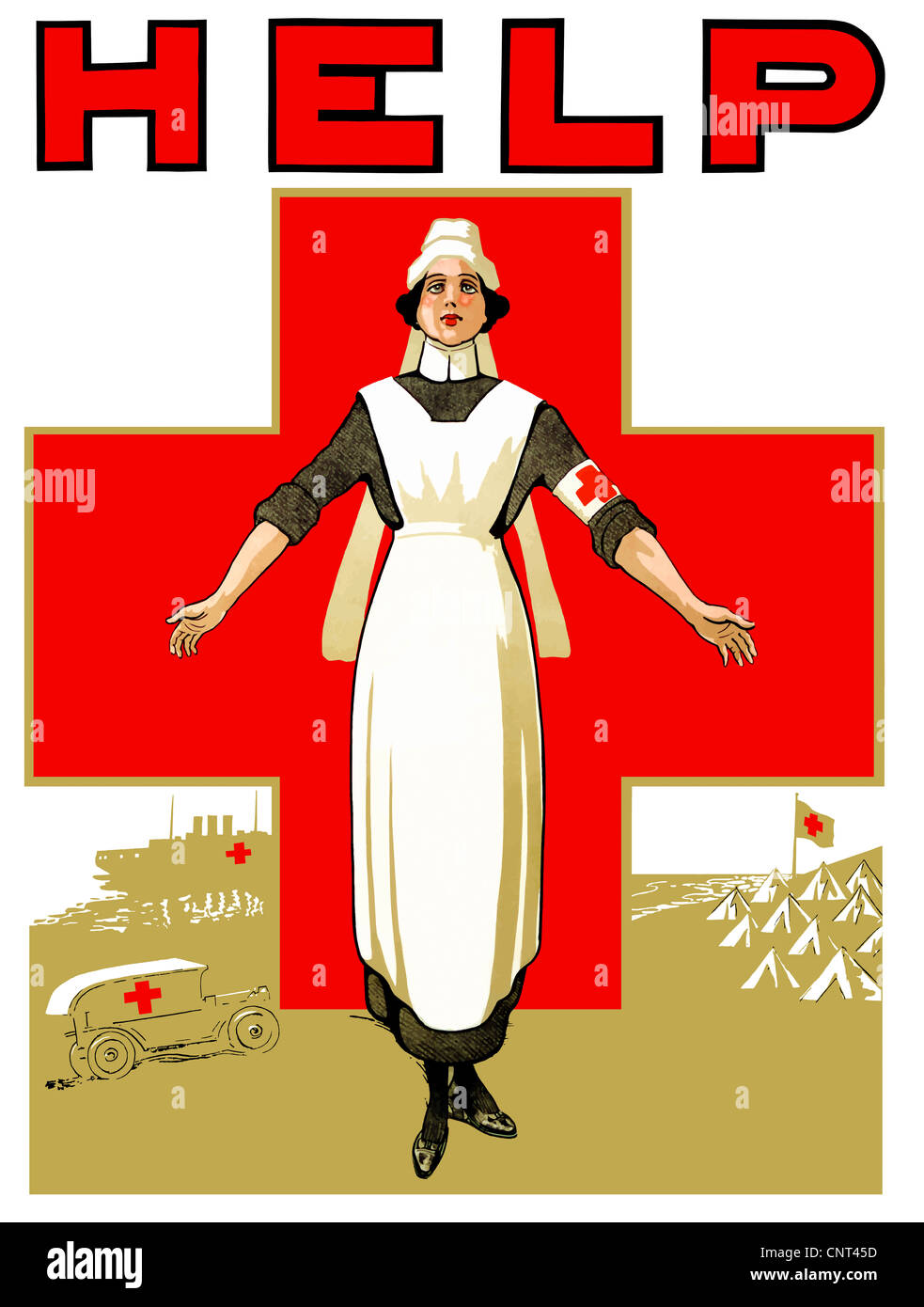 Vintage World War One poster of a Red Cross nurse holding out her arms. Stock Photo