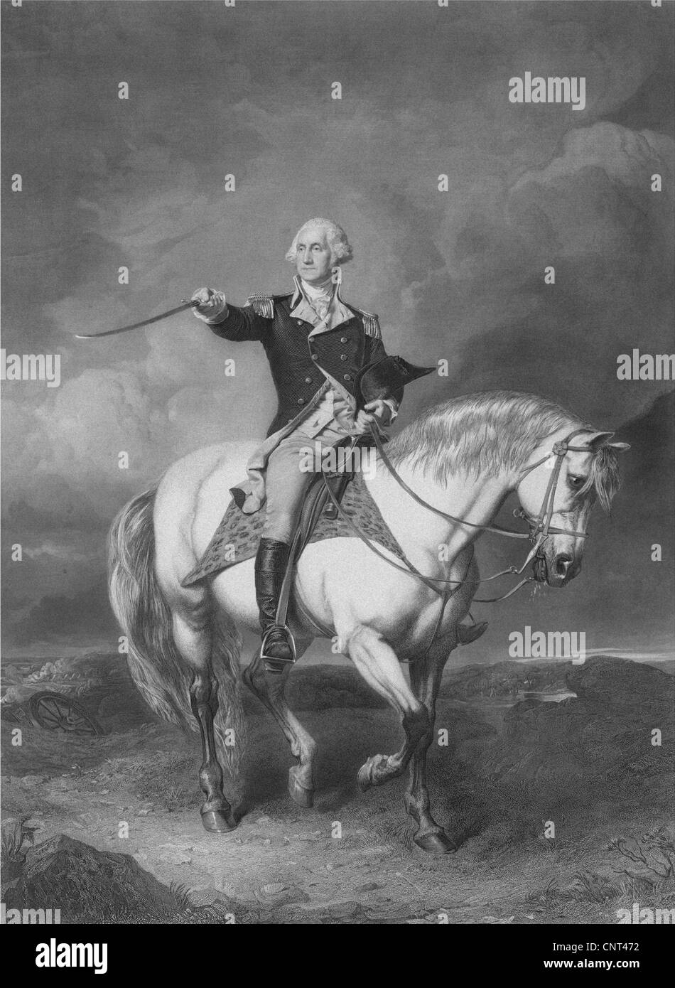 Vintage American Revolutionary War print of General George Washington on horseback. Stock Photo