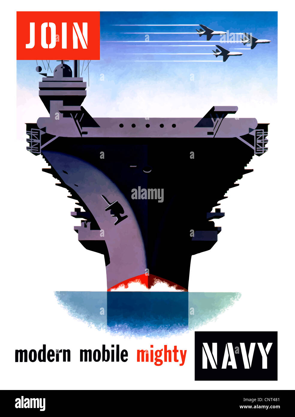 Vintage World War II poster of an aircraft carrier with three planes flying overhead. Stock Photo