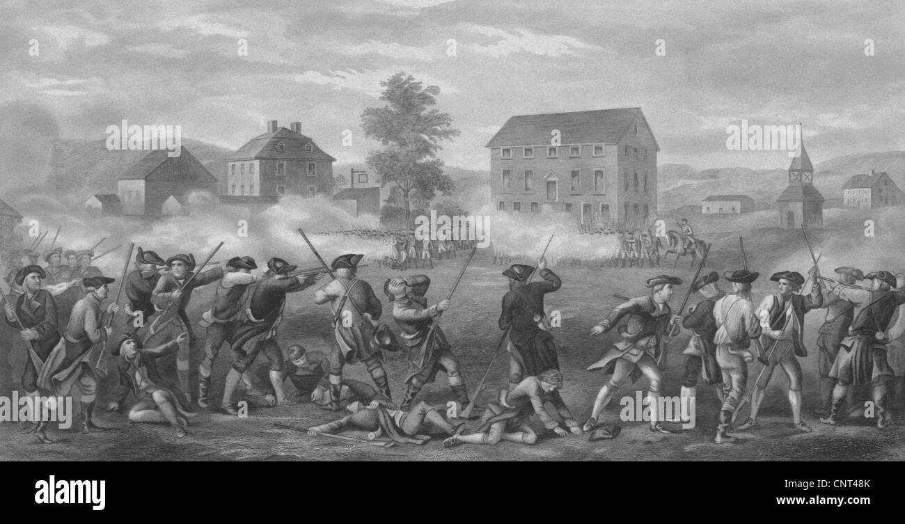 Vintage Revolutionary War print of American minutemen being fired upon by British troops at Lexington, Massachusetts. Stock Photo