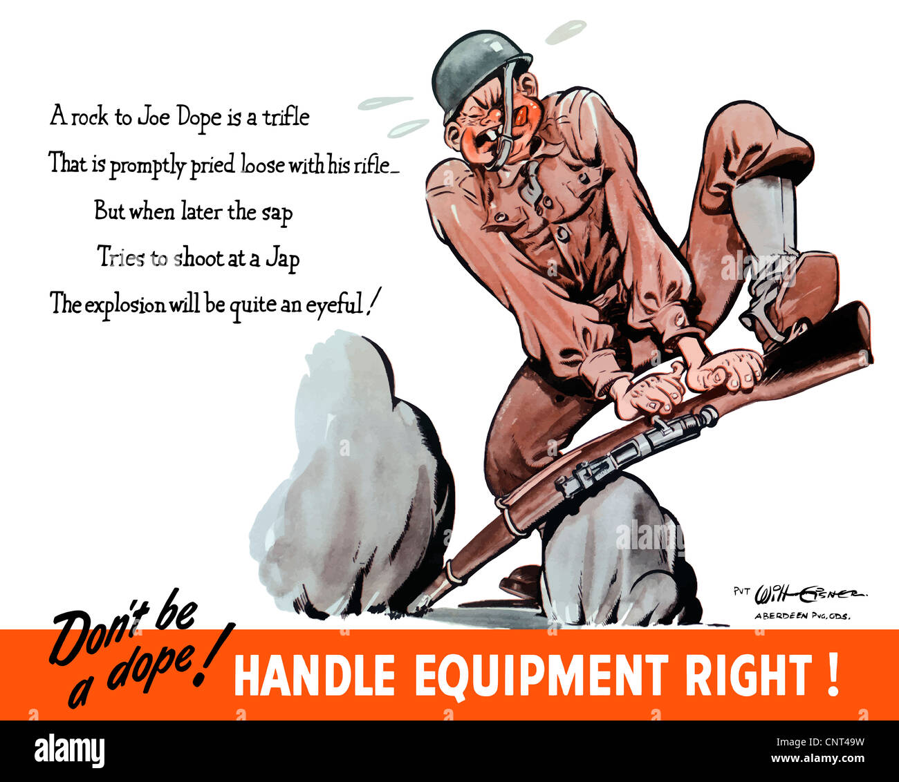 Vintage World War II poster of a cartoon soldier mishandling his rifle. Stock Photo