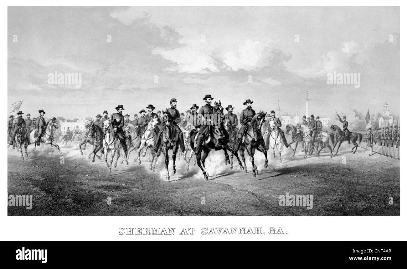 Vintage Civil War print of General William Tecumseh Sherman and his Generals, on horseback, at Savannah Georgia. Stock Photo