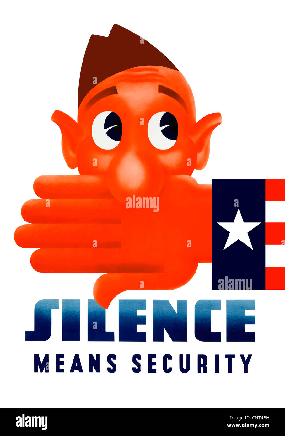 Vintage World War II poster of Uncle Sam's hand covering the mouth of a cartoon soldier. It reads, Silence Means Security. Stock Photo
