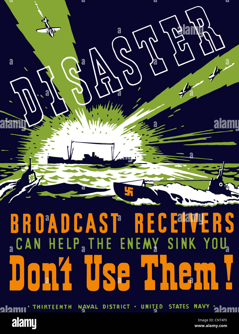 Vintage WPA poster of a ship sending out radio waves as planes and enemy subs prepare to attack. Stock Photo