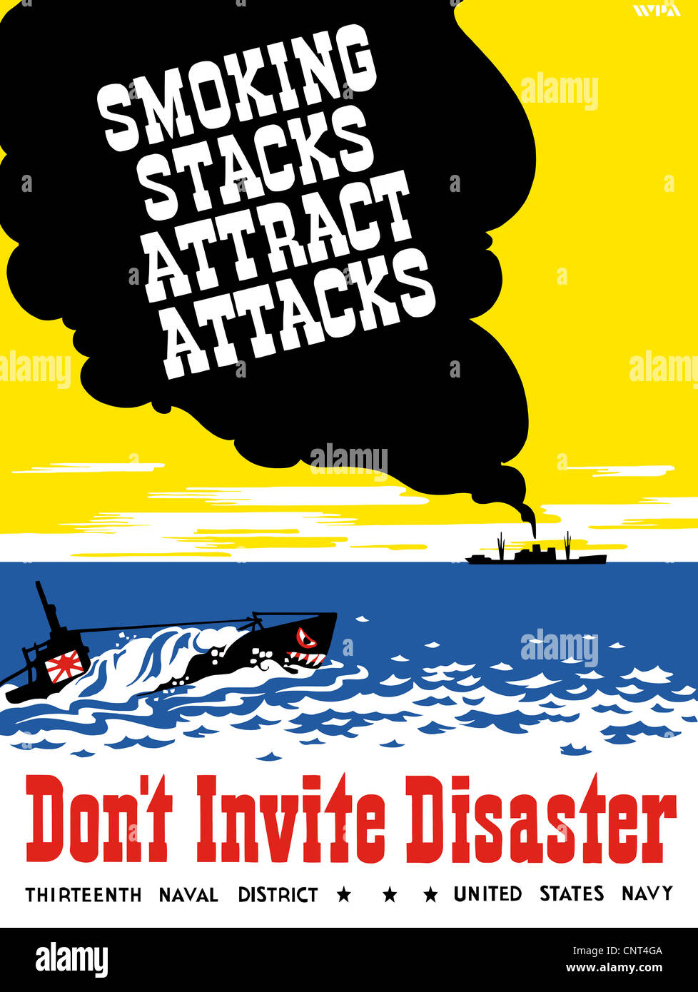 Vintage WPA poster of a ship with smoke pouring from it's stack as a Japanese sub lurks nearby. Stock Photo